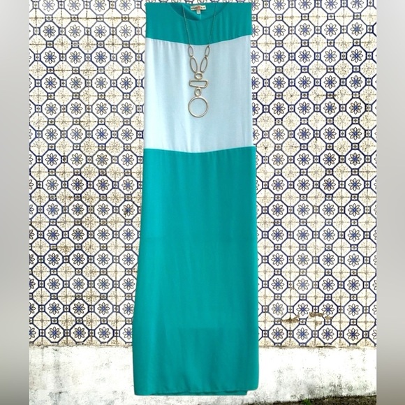 ALTAR’D STATE Maxi Silk Dress Jade Green White Color Block Lined Size Large - Picture 6 of 13